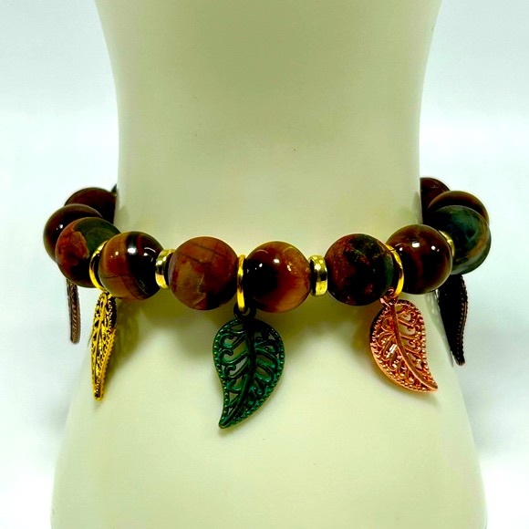 Handmade Fall Leaf Charm Bracelet Featuring Natural Tiger Eye Gemstones! - Picture 3 of 6